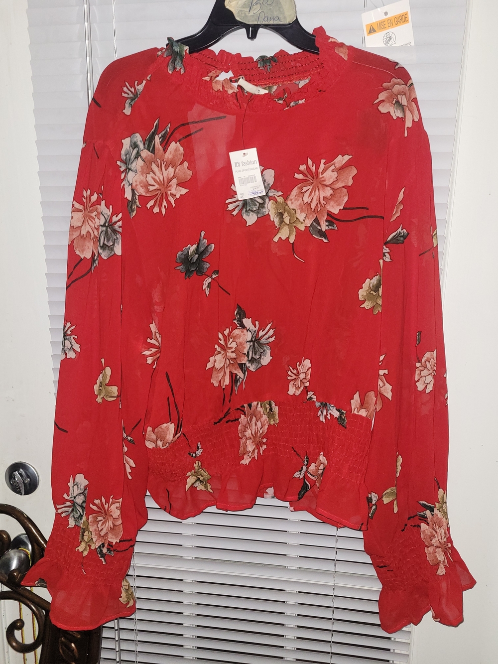 Floral Red Long-Sleeve Smocked Neck Blouse